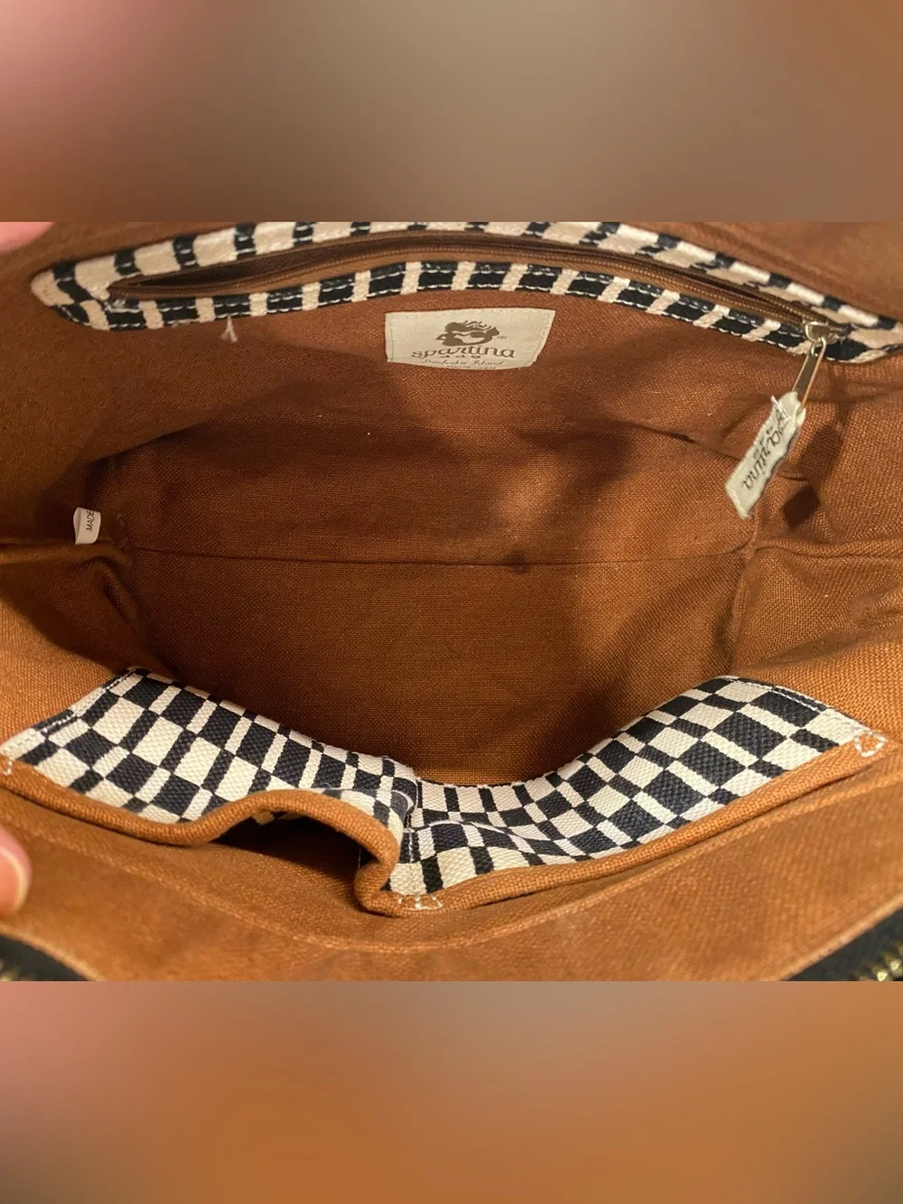 Spartina 449 Black & Cream Woven Check Tote with Tassels Linen/Leather